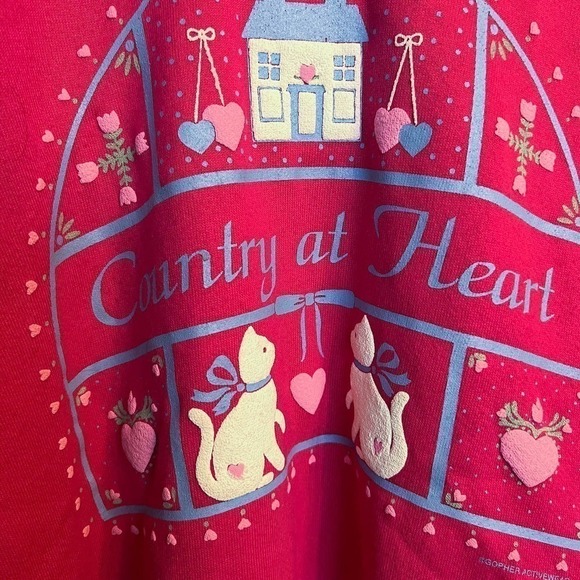 Vintage 90's Country At Heart Cat Grandma Sweatshirt Pink Magenta Jerzees Sz XL - Picture 2 of 7